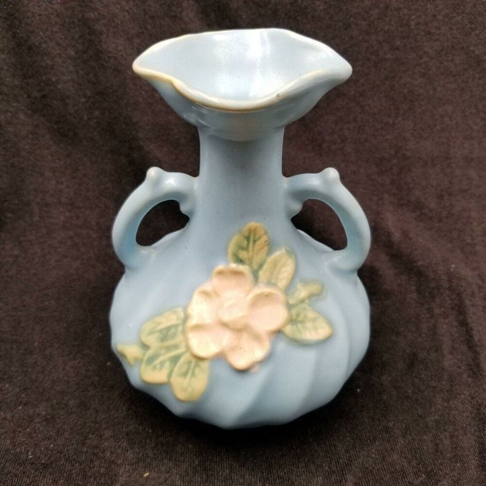 Vintage Blue Weller Pottery Double Handle Vase Magnolia American Pottery 6"
